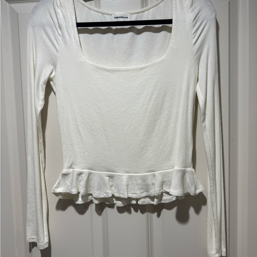 Superdown Cream Long Sleeve Ruffle Top